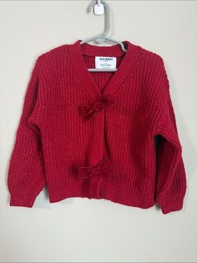 Old Navy Red Ribbed Knit Cardigan with Bow Closures